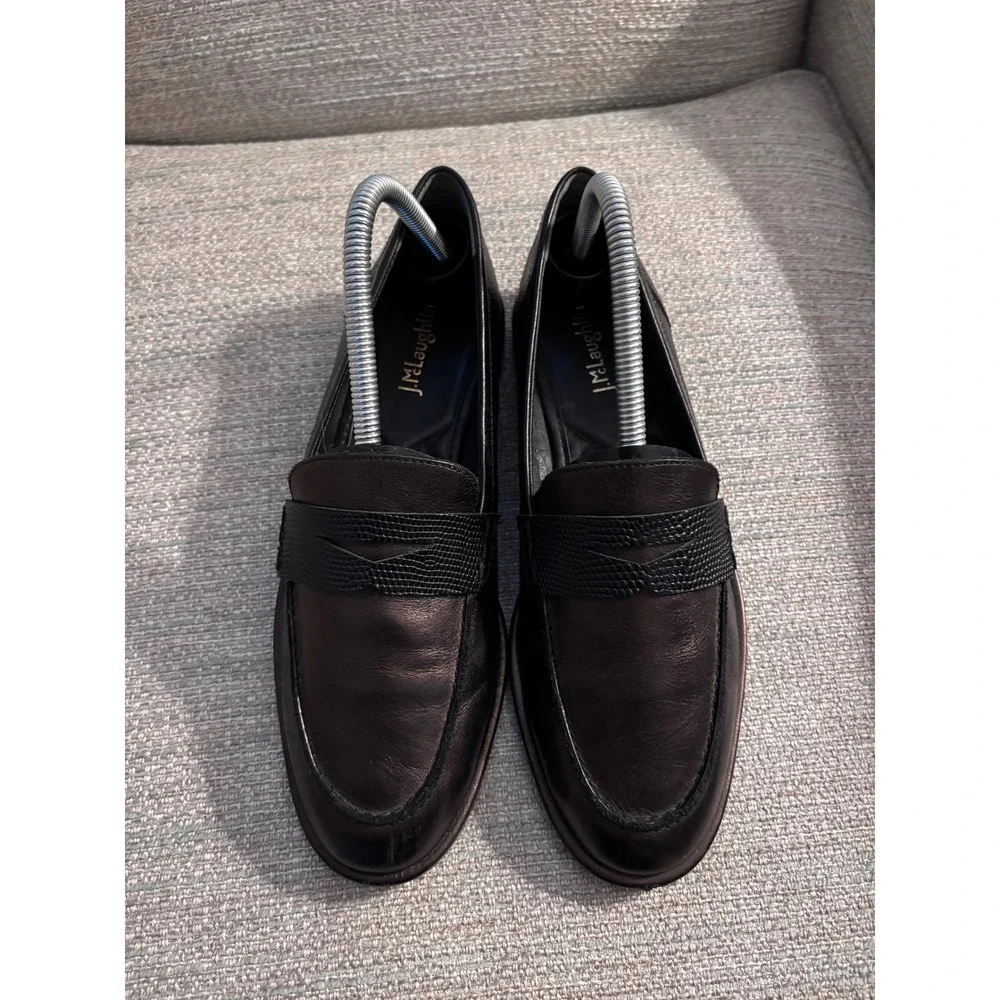 J. McLaughlin Black Brown Leather Penny Loafers Lizard Embossed Strap Womens 7.5